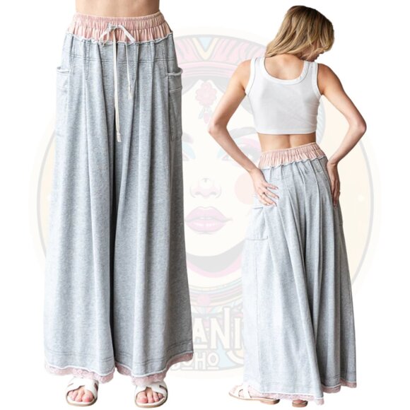 B549 OLI & HALI Grey Pink Twofer Waistband Wide Leg Sweatpants - Picture 2 of 2